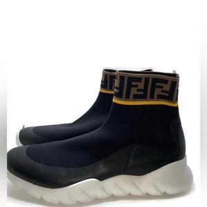 Authentic Fendi Men’s Black High Top Sock Sneakers shoes with Zucchino FF logo